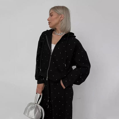 Women's Polka Dot Zip-Up Hoodie & Pants 2-Piece Set