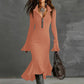 Retro Zipper Neck Trumpet Sleeve Midi Dress