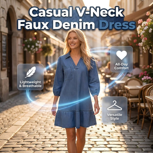 Women's V-Neck Denim Dress with Lantern Sleeve