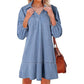 Women's V-Neck Denim Dress with Lantern Sleeve