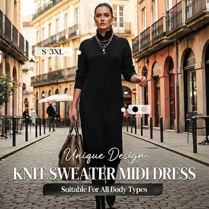 Women's High Neck Button Knit Sweater Midi Dress