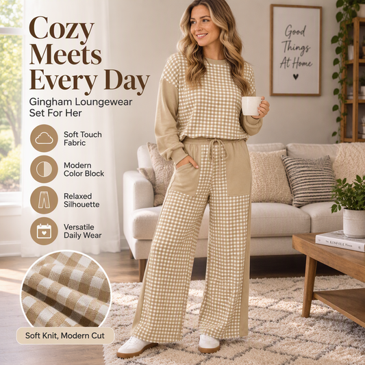 Women's Plaid Patchwork Sweatshirt & Wide-Leg Pants Set