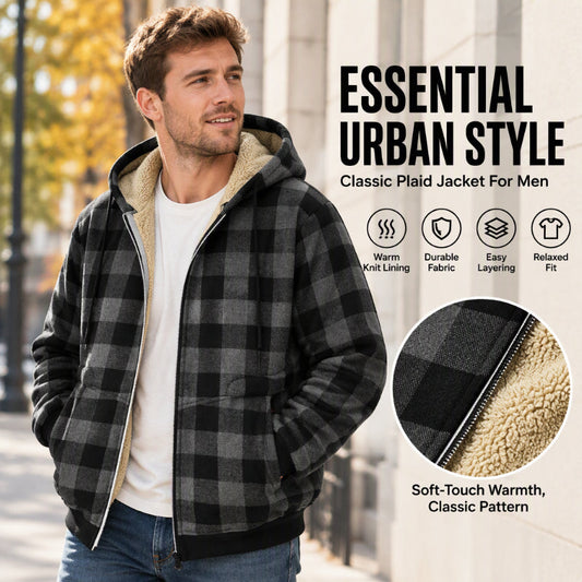 Men's Plaid Plush-Lined Zip-Up Hooded Jacket