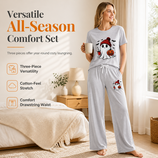 Womens Halloween Cartoon Pajama Set 3 Piece Loungewear with Short Sleeve Top Pants and Shorts
