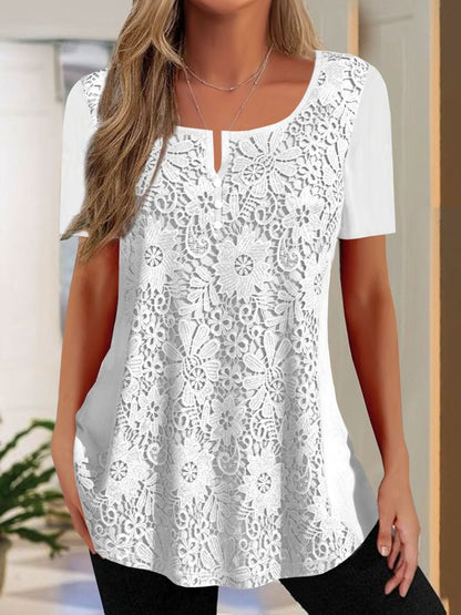 Women's V Neck Lace Short Sleeve Casual Shirt