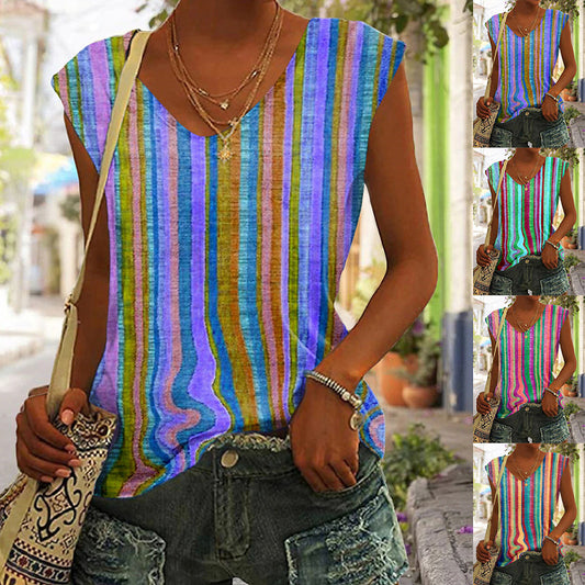 Women's Striped Print Sleeveless V Neck Tank Top