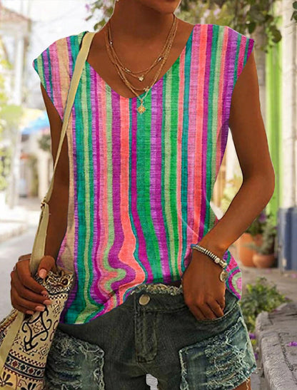 Women's Striped Print Sleeveless V Neck Tank Top