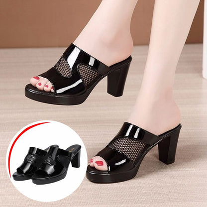 Women’s High Heel Hollow-out Leather Slippers