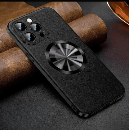 Genuine Leather Metal Frame Anti Drop Magnetic Suction Case Cover for iPhone 12-15