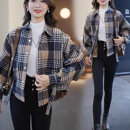 NICE GIFT*Stylish plaid velvet plush shirt jacket