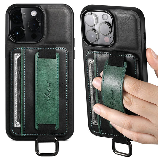 Luxurious Leather Kickstand iPhone Case with Card Slots and Wristband