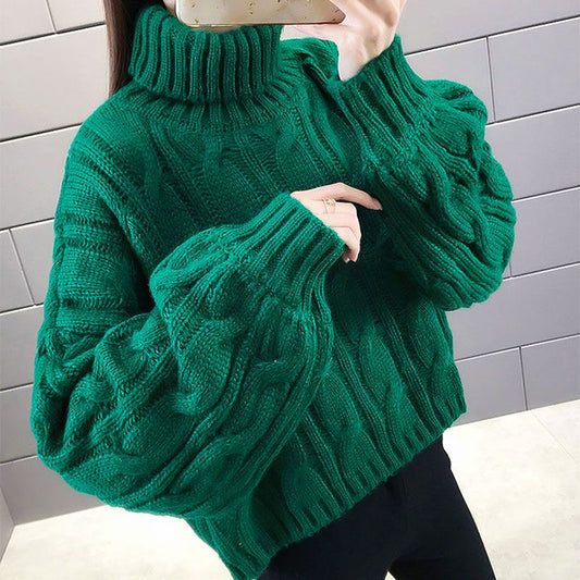 Lady’s Turtleneck Braid Knit Crop Sweater Green - Great Gift