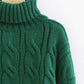 Lady’s Turtleneck Braid Knit Crop Sweater Green - Great Gift
