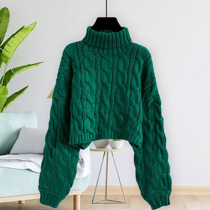 Lady’s Turtleneck Braid Knit Crop Sweater Green - Great Gift