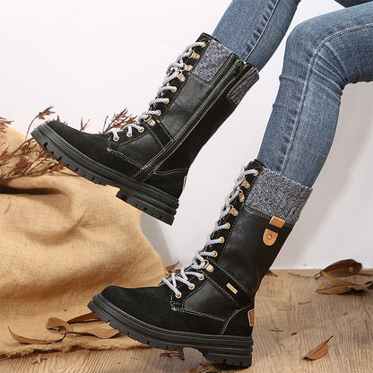 [Best Gift for Her] Fashion Knit Patchwork Round Toe Mid-calf Boots