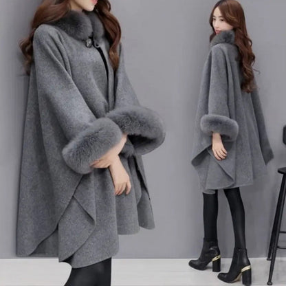 [Best Gift for Her] Elegant Solid Color Faux Fur Collar Loose Poncho Coat