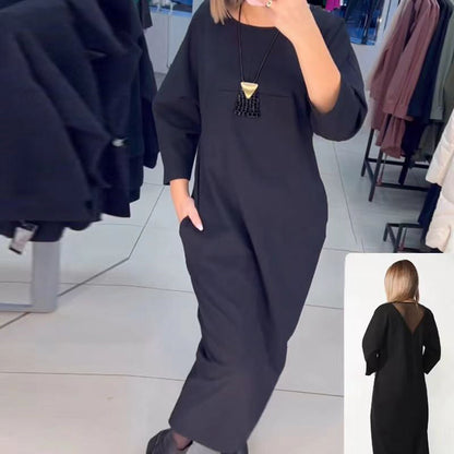 Women's Solid Color Pocket Round Neck Long Sleeve Dress