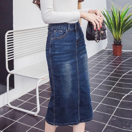 Women's Casual High Waist Back Slit Stretch Denim Skirts