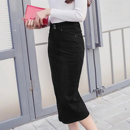 Women's Casual High Waist Back Slit Stretch Denim Skirts