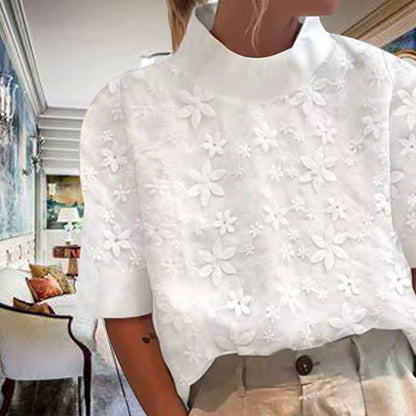 Women's Floral Embroidery Linen Short Sleeve Top