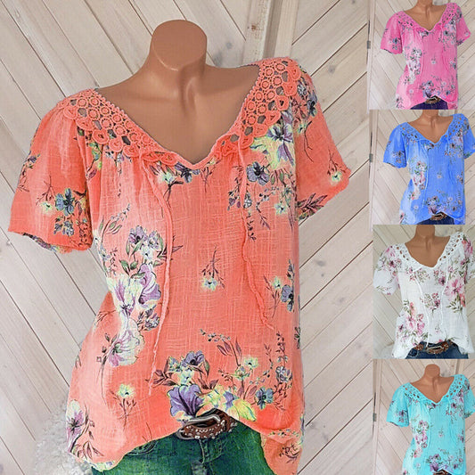 Floral Print Lace V-Neck Women's Top