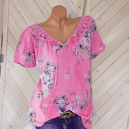 Floral Print Lace V-Neck Women's Top