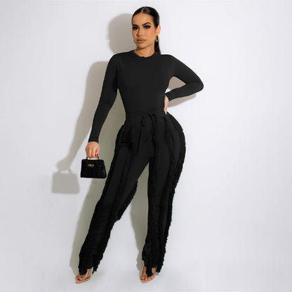 Women 2 Piece Casual Long Sleeve High Waist Tassel Fringe Outfits Jumpsuit Set